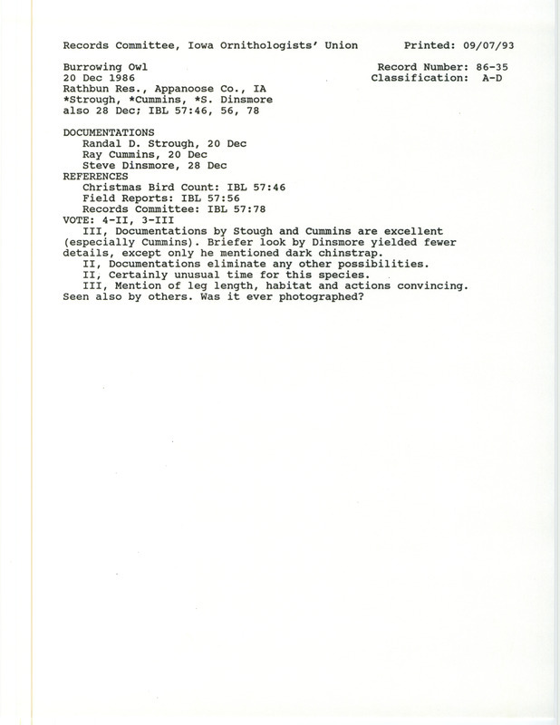 Records Committee review for a Burrowing Owl at Rathbun Reservoir in Appanoose County, IA on December 20, 1986. Includes a record review document with votes, a summary of the review, and three documentation forms submitted to the committee.