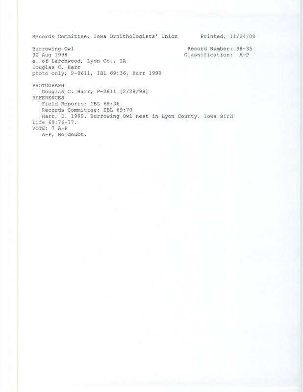 Records Committee review for a Burrowing Owl east of Larchwood in Lyon County, IA on August 30, 1998. Includes a record review document with votes, an article in Iowa Bird Life, and a photograph submitted to the committee.