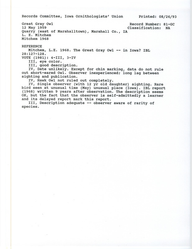 Records Committee review for a Great Gray Owl near Quarry in Marshall County, IA on May 12, 1959. Includes a record review document with votes and a documentation article submitted to the committee.