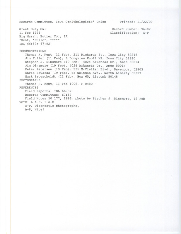 Records Committee review for a Great Gray Owl at Big March in Butler County, IA on February 11, 1996. Includes a record review document with votes, two photographs, an article in Field Notes, and seven documentation forms submitted to the committee.