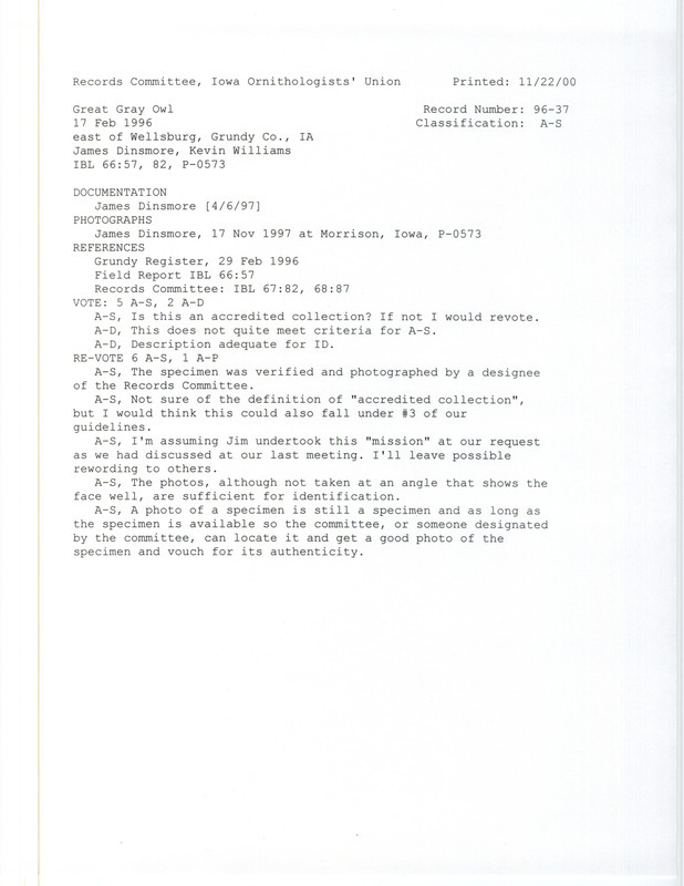 Records Committee review for a Great Gray Owl at Colfax Township in Grundy County, IA on February 17, 1996. Includes two record review documents with votes, an article from the Grundy Register, and a documentation form submitted to the committee.