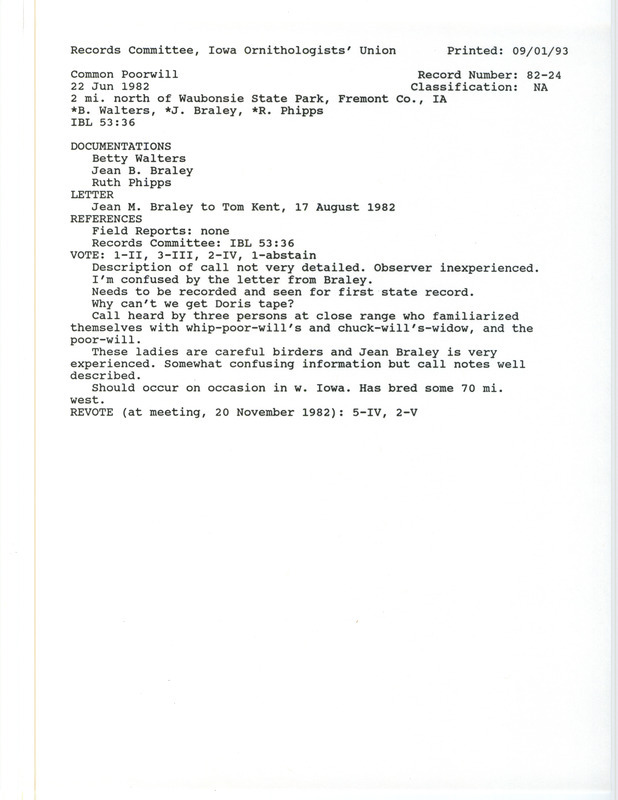 Records Committee review for a Common Poorwill at Waubonsie State Park in Fremont County, IA on June 22, 1982. Includes a record review document with votes, a summary of the review, a letter from Jean B. Braley to Tom Kent, and three documentation forms submitted to the committee.