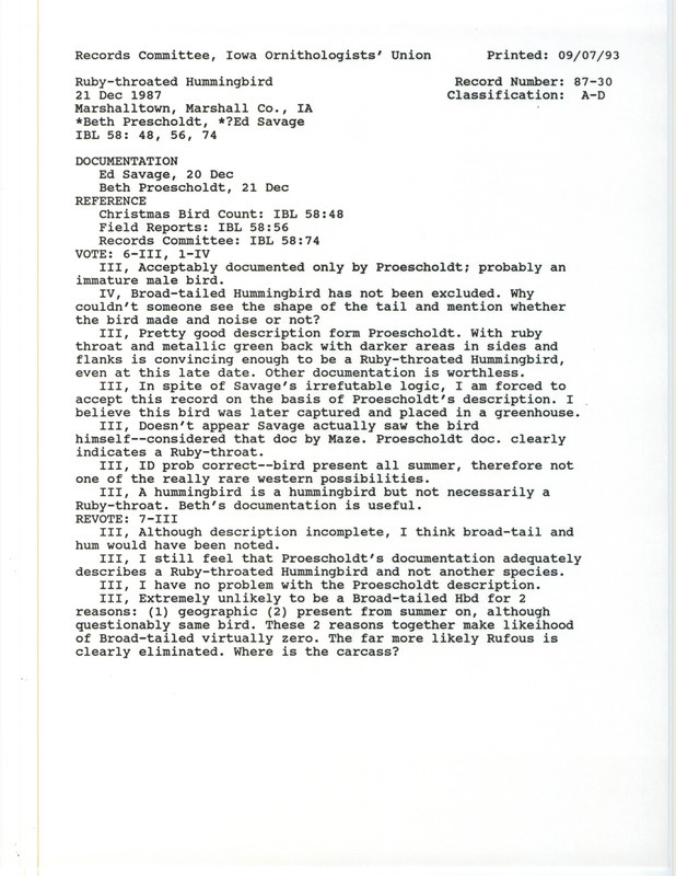 Records Committee review for a Ruby-throated Hummingbird at Marshalltown in Marshall County, IA on December 21, 1987. Includes a record review document with votes and two documentation forms submitted to the committee.