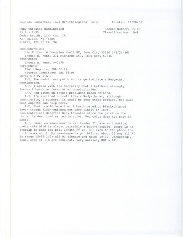 Records Committee review for a Ruby-throated Hummingbird in Cedar Rapids in Linn County, IA on November 15, 1995. Includes a record review document with votes, a photo, and two documentation forms submitted to the committee.