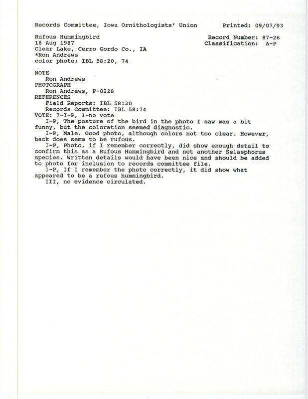 Records Committee review for a Rufous Hummingbird at Clear Lake in Cerro Gordo County, IA on August 18, 1987. Includes a record review document with votes, a summary of the review, and a note about the sighting.