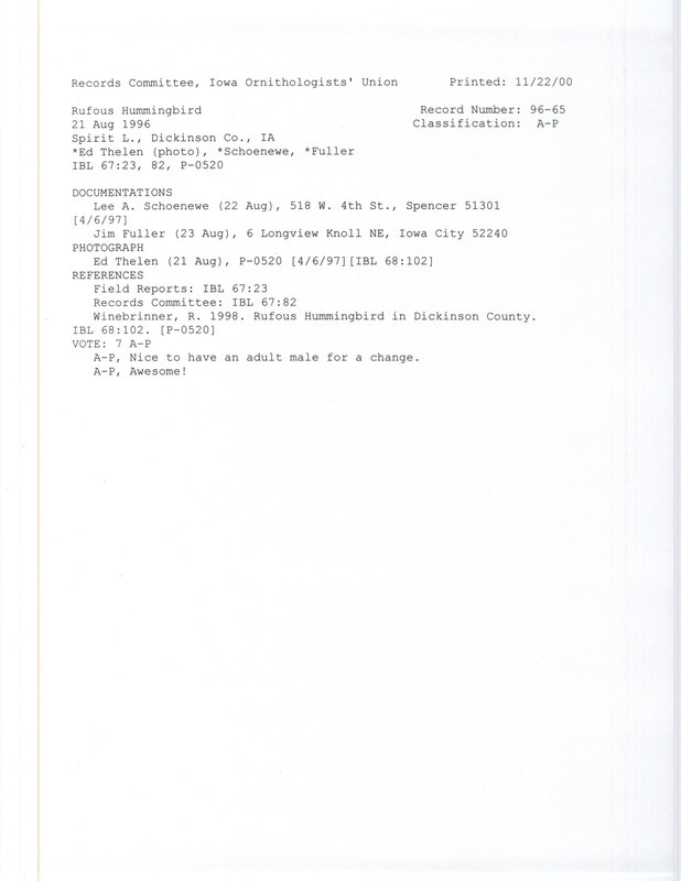 Records Committee review for a Rufous Hummingbird at McClelland Beach at Spirit Lake in Dickinson County, IA on August 21, 1996. Includes a record review document with votes, an article in Iowa Bird Life, a photograph, and four documentations submitted to the committee.