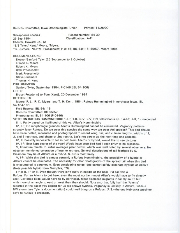 Records Committee review for a Selasphorus species at Chester in Howard County, IA on September 25, 1984. Includes a record review document with votes, an Iowa Bird Life article, correspondence relevant to bird sighting and review, and seven documentation forms submitted to the committee.