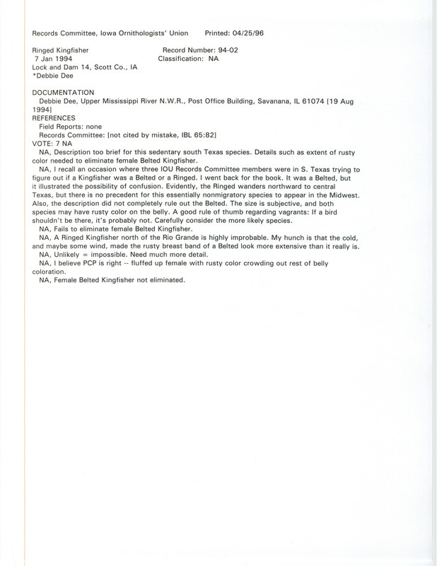 Records Committee review for a Ringed Kingfisher at Lock and Dam 14 in Scott County, IA on January 7, 1994. Includes a record review document with votes and a documentation letter submitted to the committee.