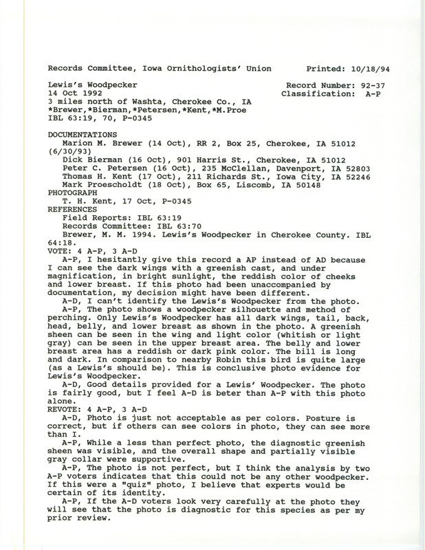 Records Committee review for a Lewis's Woodpecker north of Washta in Cherokee County, IA on October 16, 1992. Includes a record review document with votes, a photograph, an article in Iowa Bird Life, and four documentation forms submitted to the committee.