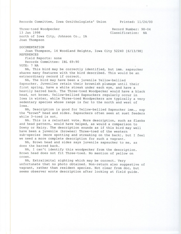 Records Committee review for a Three-toed Woodpecker north of Iowa City in Johnson County, IA on January 13, 1998. Includes a record review document with votes and a documentation form submitted to the committee.