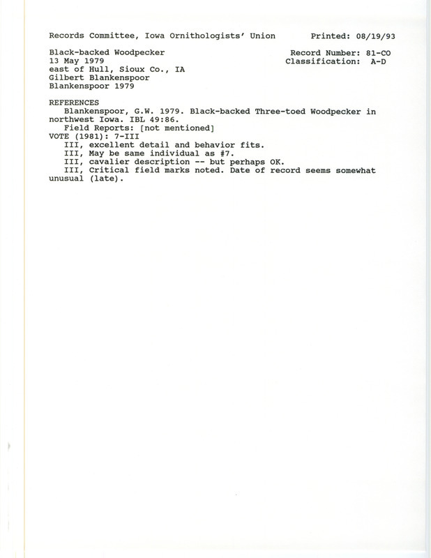 Records Committee review for a Black-backed Woodpecker east of Hull in Sioux County, IA on May 13, 1979. Includes one record review document with votes and a documentation article reviewed by the committee.