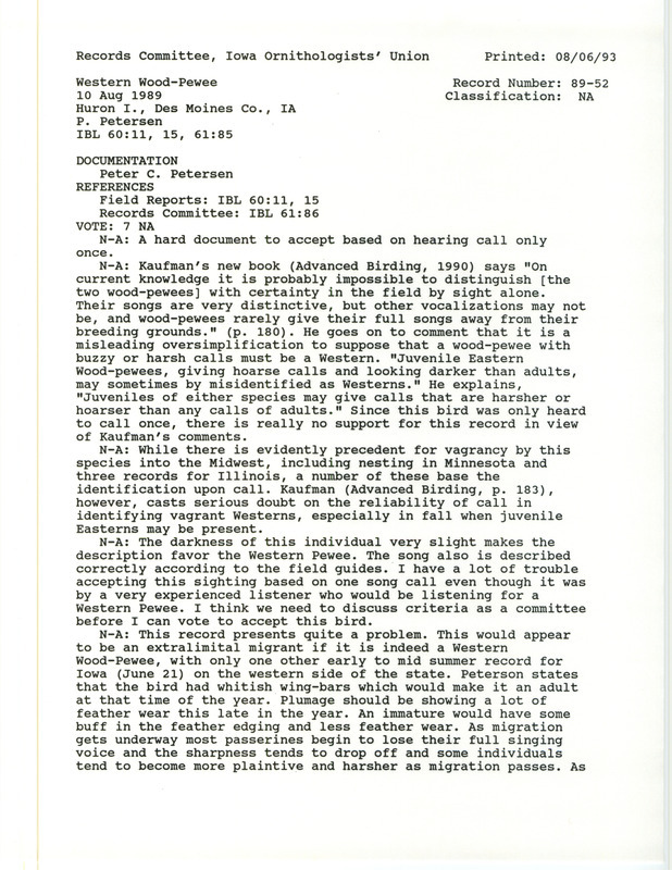 Records Committee review for a Western Wood-Pewee at Huron Island in Des Moines County, IA on August 10, 1989. Includes a record review document with votes and a documentation form submitted to the committee.