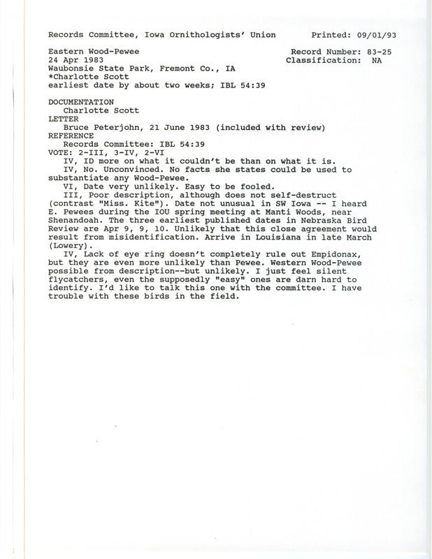 Records Committee review for an Eastern Wood-Pewee at Waubonsie State Park in Fremont County, IA on April 25, 1983. Includes a record review document with votes, a summary of the review, correspondence relevant to bird sighting and review, and a documentation form submitted to the committee.