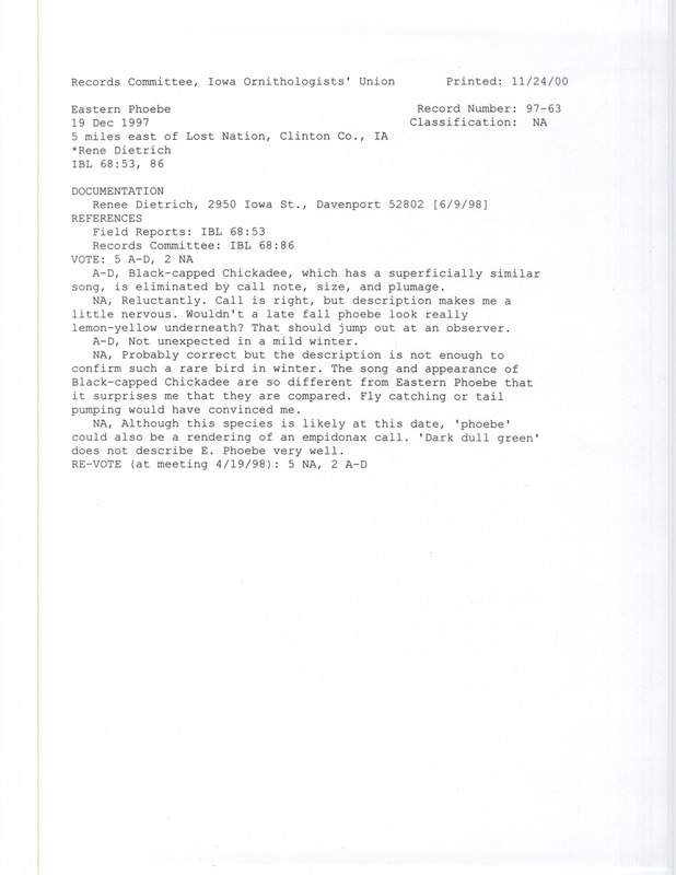 Records Committee review for an Eastern Phoebe east of Lost Nation in Clinton County, IA on December 19, 1997. Includes a record review document with votes and a documentation form submitted to the committee.