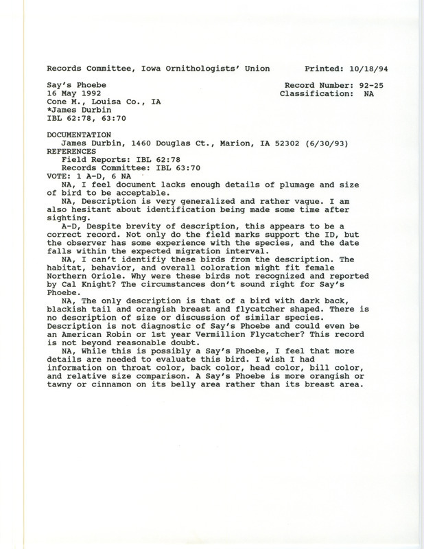 Records Committee review for two Say's Phoebes at Cone March in Louisa County, IA on May 16, 1992. Includes a record review document with votes and a documentation form submitted to the committee.