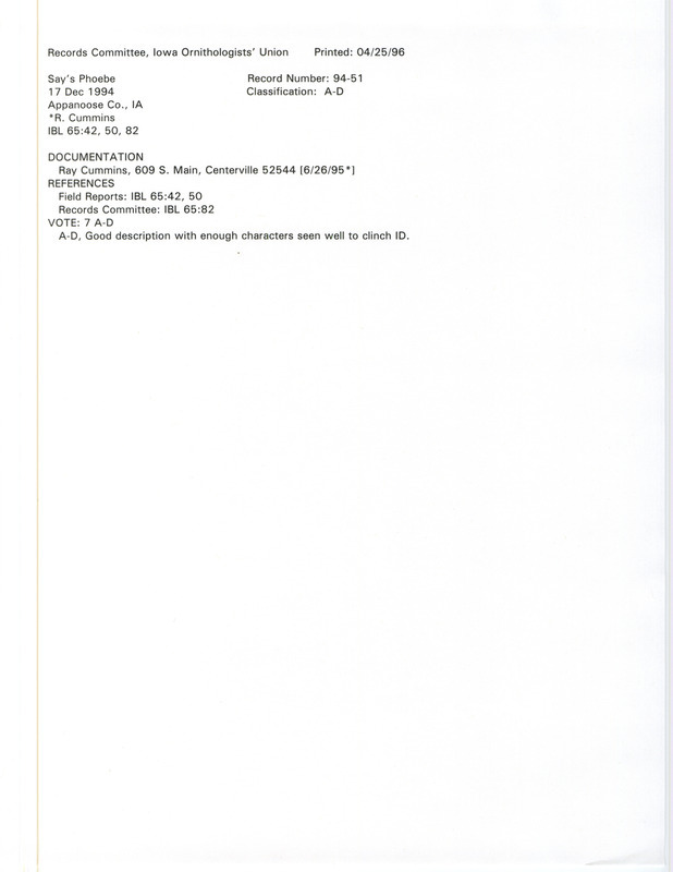 Records Committee review for a Say's Phoebe at L & S quarry buildings in Appanoose County, IA on December 17, 1994. Includes a record review document with votes and a documentation form submitted to the committee.