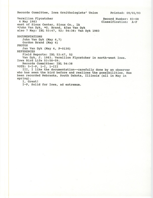 Records Committee review for a Vermilion Flycatcher at Sioux Center in Sioux County, IA on May 6, 1983. Includes a record review document with votes, a summary of the review, an article in Iowa Bird Life, and two documentation forms submitted to the committee.