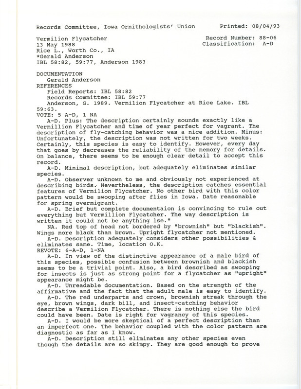 Records Committee review for a Vermilion Flycatcher at Rice Lake in Worth County, IA on May 13, 1988. Includes a record review document with votes, an article in Iowa Bird Life, and a documentation form submitted to the committee.