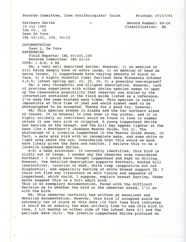 Records Committee review for a Northern Shrike near Battle Creek in Ida County, IA on July 15, 1990. Includes a record review document with votes and a documentation form submitted to the committee.