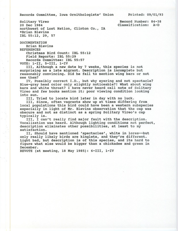 Records Committee review for a Solitary Vireo northwest of Lost Nation in Clinton County, IA on December 20, 1984. Includes a record review document with votes and a documentation form submitted to the committee.