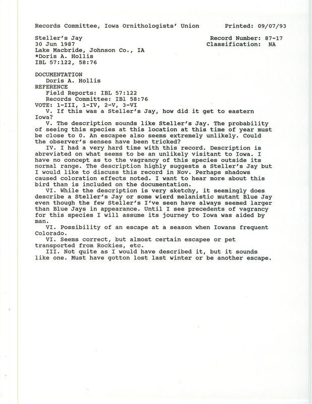 Records Committee review for a Steller's Jay at Lake MacBride in Johnson County, IA on June 30, 1987. Includes a record review document with votes and a documentation form submitted to the committee.