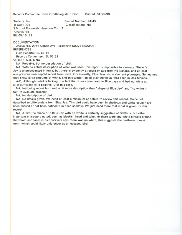 Records Committee review for a Steller's Jay north of Ellsworth in Hamilton County, IA on October 8, 1994. Includes a record review document with votes and a documentation form submitted to the committee.