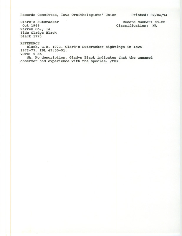 Records Committee review for a Clark's Nutcracker at Warren County, IA during October 1969. Includes a record review document with votes and the original sighting record found in the publication Clark's Nutcracker sightings in Iowa, Winter 1972-73 in Iowa Bird Life 43:50-51 by Gladys Black and seen by an unidentified observer.