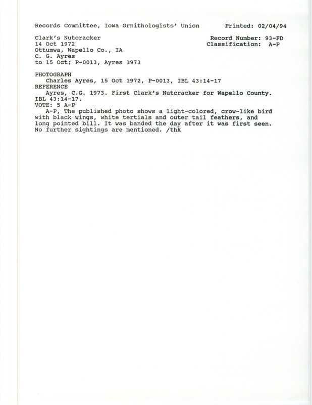 Records Committee review for a Clark's Nutcracker at Forest Lake Camp near Ottumwa in Wapello County, IA on October 14, 1972. Includes a record review document with votes, a photograph, and the original sighting record found in the publication First Clark's Nutcracker for Wapello County in Iowa Bird Life 43(1):14-17 by Judge Charles G. Ayres, Jr.