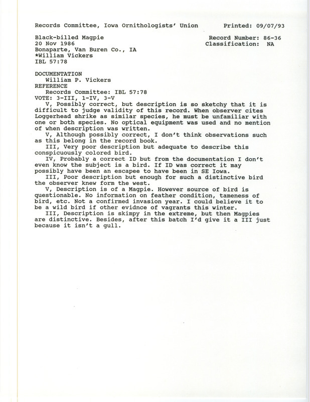 Records Committee review for a Black-billed Magpie east of Lindsay Wilderness Area in Van Buren County, IA on November 20, 1986. Includes a record review document with votes, a summary of the review, and a documentation form submitted to the committee.