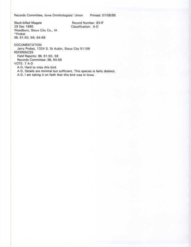 Records Committee review for a Black-billed Magpie east of the Sergeant Floyd Memorial Bridge near Sioux City in Woodbury County, IA on December 29, 1990. Includes a record review document with votes and a documentation form submitted to the committee.