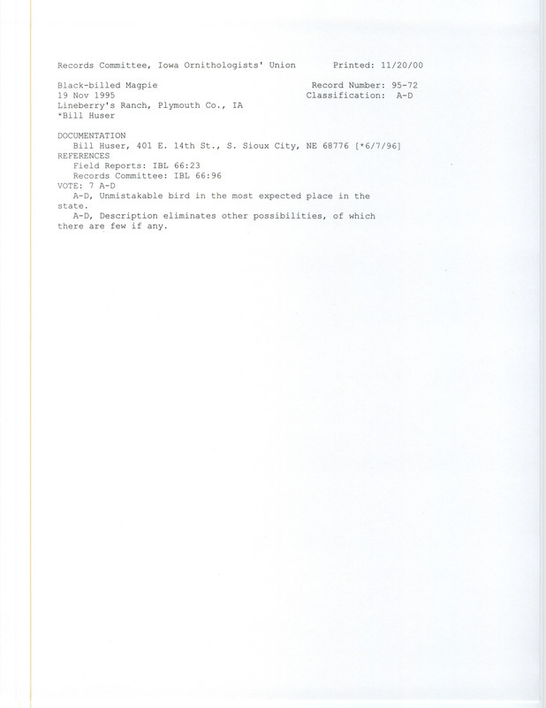 Records Committee review for a Black-billed Magpie at Sioux Township in Plymouth County, IA on November 19, 1995. Includes a record review document with votes and a documentation form submitted to the committee.