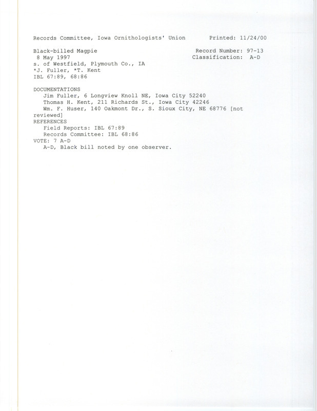 Records Committee review for two Black-billed Magpies at Sioux Township in Plymouth County, IA on May 8, 1997. Includes a record review document with votes and three documentation forms submitted to the committee.