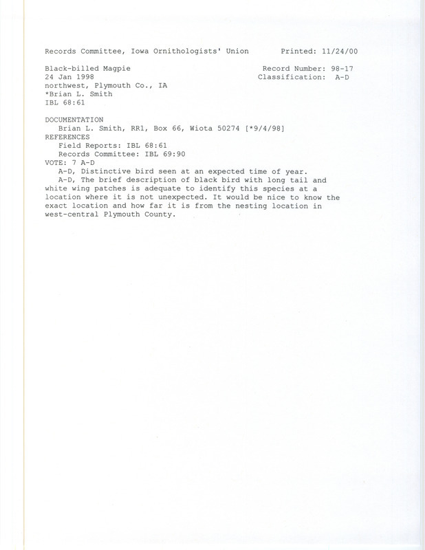 Records Committee review for three Black-billed Magpies at Loess Hills in northwest Plymouth County, IA on January 24, 1998. Includes a record review document with votes and a documentation form submitted to the committee.