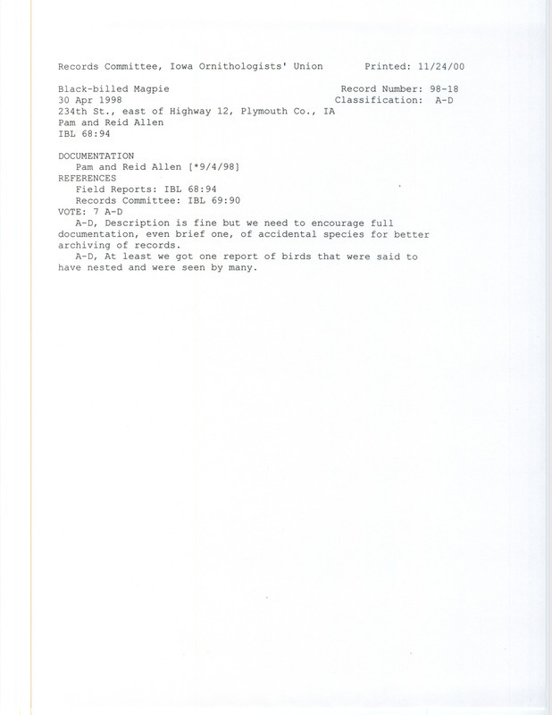 Records Committee review for two Black-billed Magpies at 234th St. east of Highway 12 in Sioux Township in Plymouth County, IA on April 30, 1998. Includes a record review document with votes and 1998 Spring Field Reports by Pam and Reid Allen.