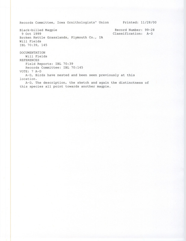 Records Committee review for a Black-billed Magpie at Broken Kettle Grasslands in Plymouth County, IA on October 9, 1999. Includes a record review document with votes and a documentation form submitted to the committee.