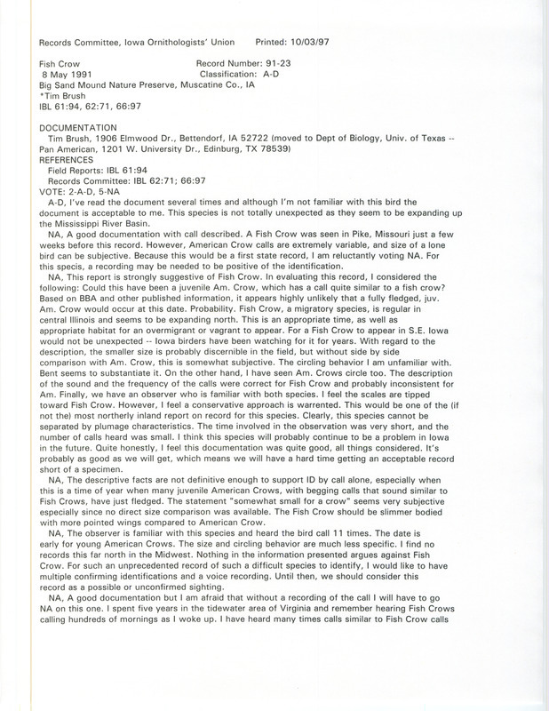 Records Committee review for a Fish Crow at Big Sand Mound Nature Preserve in Muscatine County, IA on May 8, 1991. Includes a record review document with votes and a documentation form submitted to the committee.