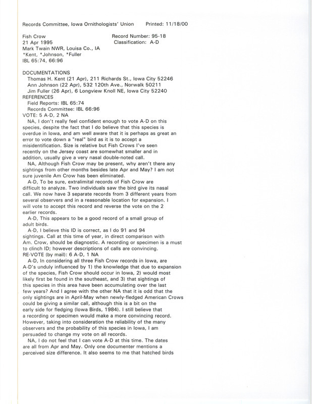 Records Committee review for four Fish Crows at Port Louisa National Wildlife Refuge in Louisa County, IA on April 21, 1995. Includes a record review document with votes and three documentation forms submitted to the committee.