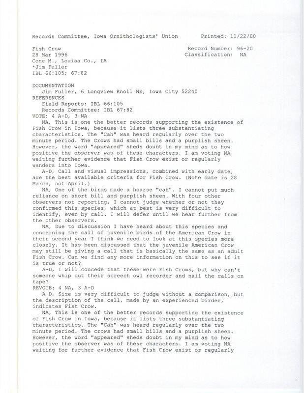 Records Committee review for a Fish Crow in Cone March in Louisa County, IA on March 28, 1996. Includes a record review document with votes and a documentation form submitted to the committee.