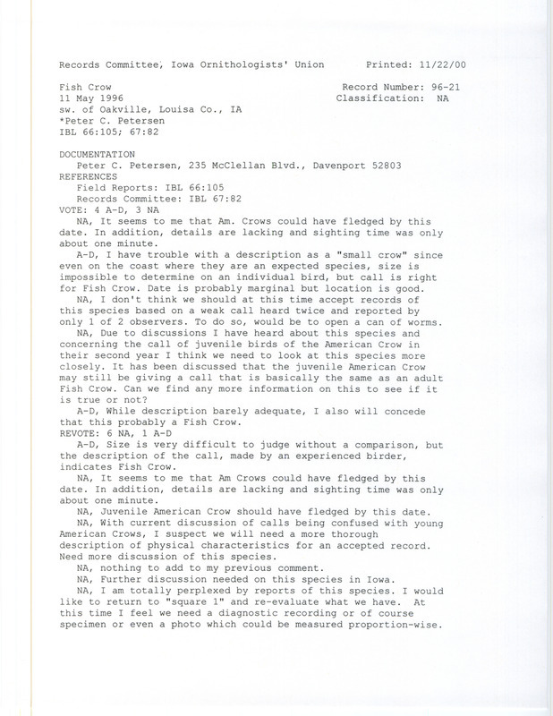 Records Committee review for a Fish Crow southwest of Oakville in Louisa County, IA on May 11, 1996. Includes a record review document with votes and a documentation form submitted to the committee.