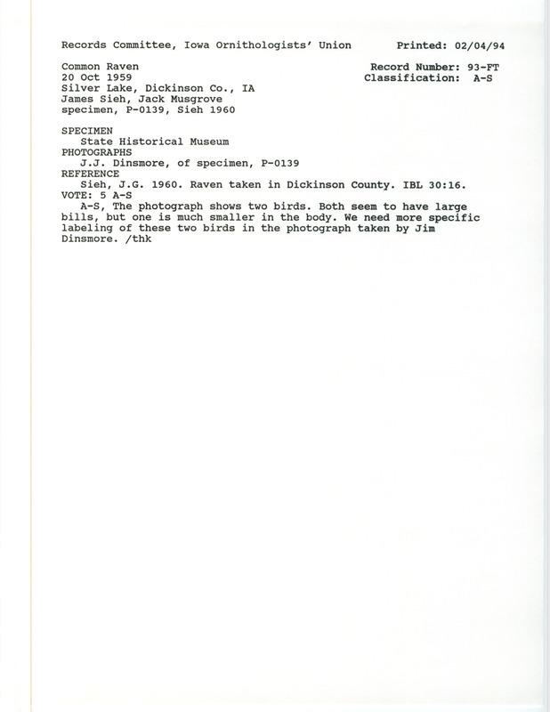 Records Committee review for a Common Raven at Silver Lake in Dickinson County, IA on October 20, 1959. Includes a record review document with votes and the original sighting record found in the publication Raven Taken in Dickinson County in Iowa Bird Life 30:16 by James G. Sieh and identified by Jack Musgrove.