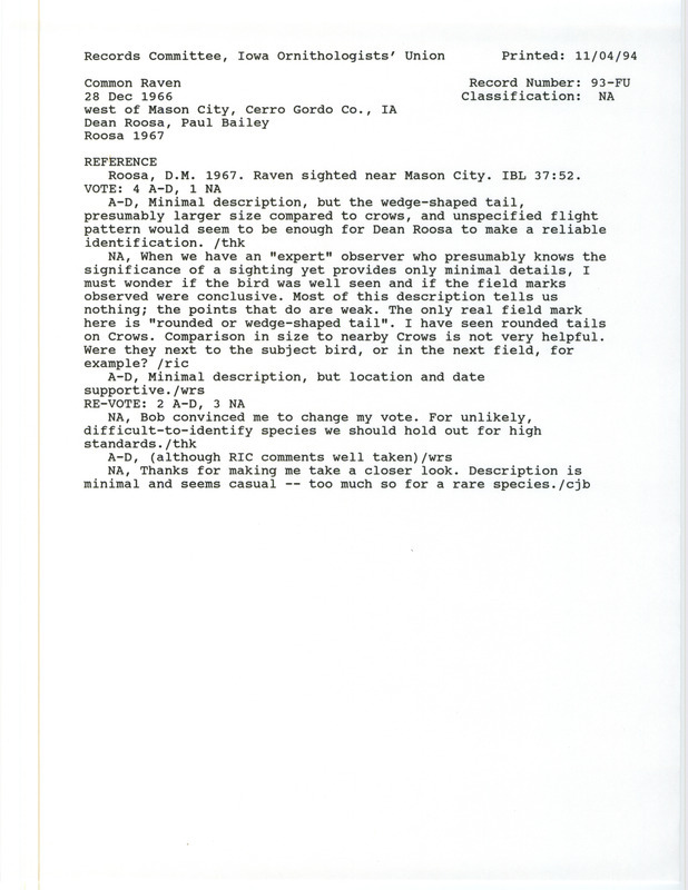 Records Committee review for a Common Raven west of Mason City in Cerro Gordo County, IA on December 28, 1966. Includes a record review document with votes and a documentation article submitted to the committee.