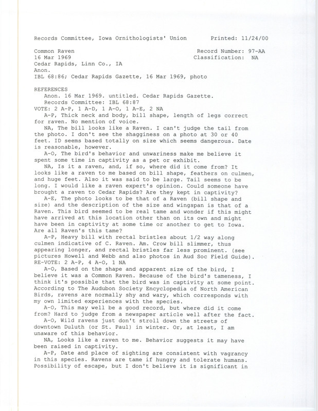 Records Committee review for a Common Raven at Cedar Rapids in Linn County, IA on March 16, 1969. Includes a record review document with votes and the original sighting record found in the publication Untitled in Cedar Rapids Gazette by an unknown author.