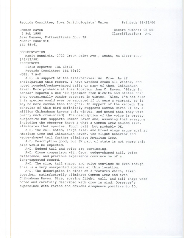 Records Committee review for a Common Raven at Lake Manawa State Park in Pottawattamie County, IA on February 5, 1998. Includes a record review document with votes and a documentation letter submitted to the committee.