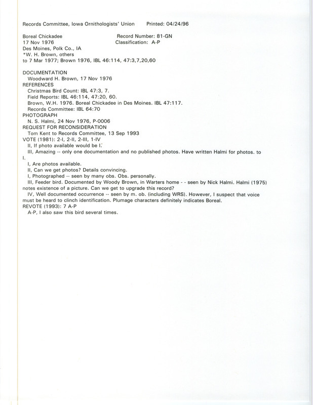 Records Committee review for a Boreal Chickadee at Des Moines in Polk County, IA on November 17, 1976. Includes a record review document with votes, a photograph, multiple articles from Iowa Bird Life, a request for reconsideration of record, and a documentation form submitted to the committee.