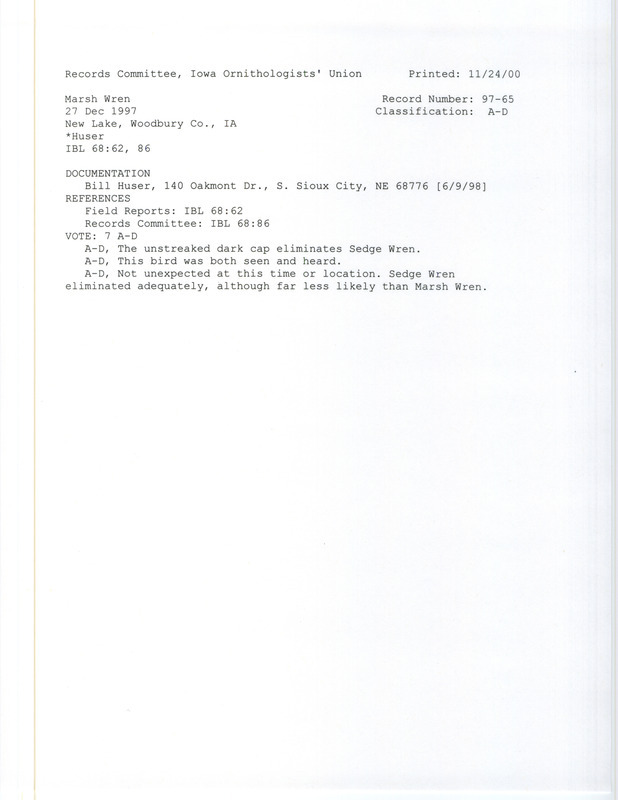 Records Committee review for three March Wrens at New Lake in Woodbury County, IA on December 27, 1997. Includes a record review document with votes and a documentation form submitted to the committee.