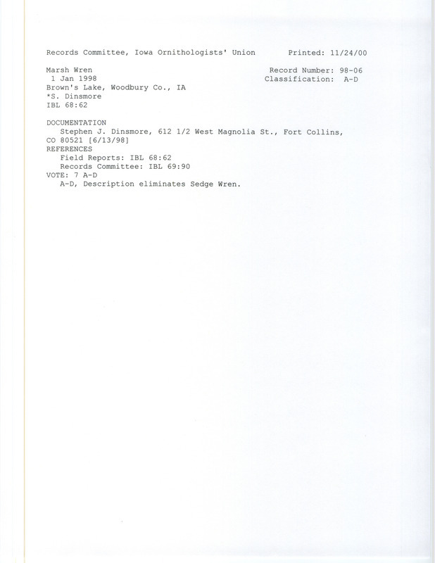 Records Committee review for two March Wrens at Brown's Lake in Woodbury County, IA on January 1, 1998. Includes a record review document with votes and a documentation form submitted to the committee.