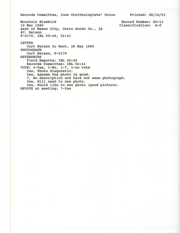 Records Committee review for a Mountain Bluebird northeast of Mason City in Cerro Gordo County, IA on March 16, 1980. Includes a record review document with votes, a photocopy of a photograph, and the original sighting record in a letter from Curt Nelson to Thomas Kent.