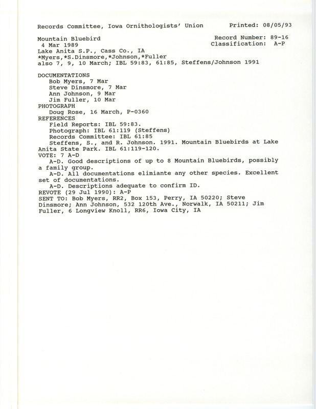 Records Committee review for seven Mountain Bluebirds at Lake Anita State Park in Cass County, IA on March 7, 1989. Includes a record review document with votes, an article in Iowa Bird Life, a photograph, and four documentation forms submitted to the committee.