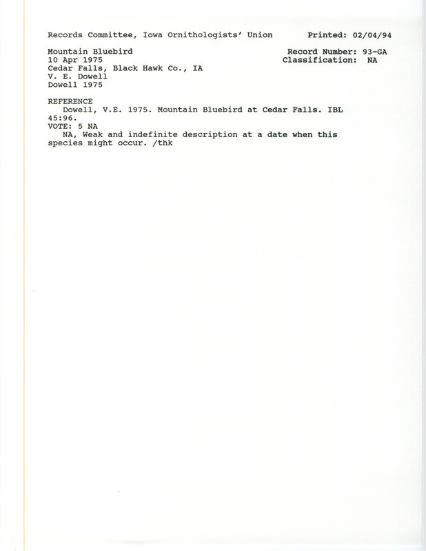 Records Committee review for a Mountain Bluebird at Black Hawk Park in Black Hawk County, IA on April 10, 1975. Includes a record review document with votes and a documentation article submitted to the committee.