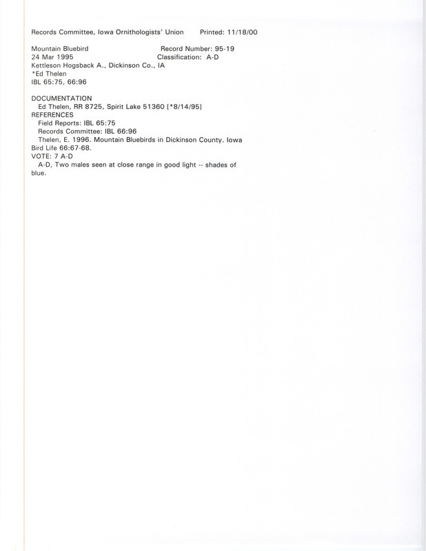 Records Committee review for two Mountain Bluebirds at Kettleson Hogsback Area in Dickinson County, IA on March 24, 1995. Includes a record review document with votes, an Iowa Bird Life, and a documentation form submitted to the committee.